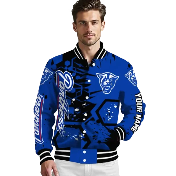 custom georgia state panthers hexagon cluster blue black varsity jacket high quality.webp