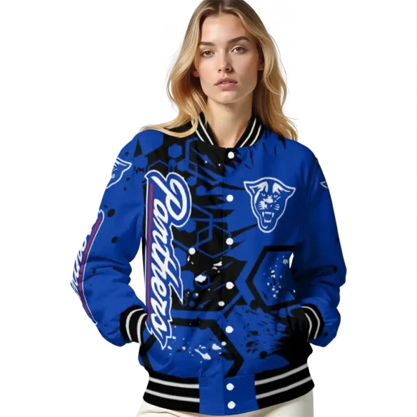 custom georgia state panthers hexagon cluster blue black varsity jacket latest model.webp