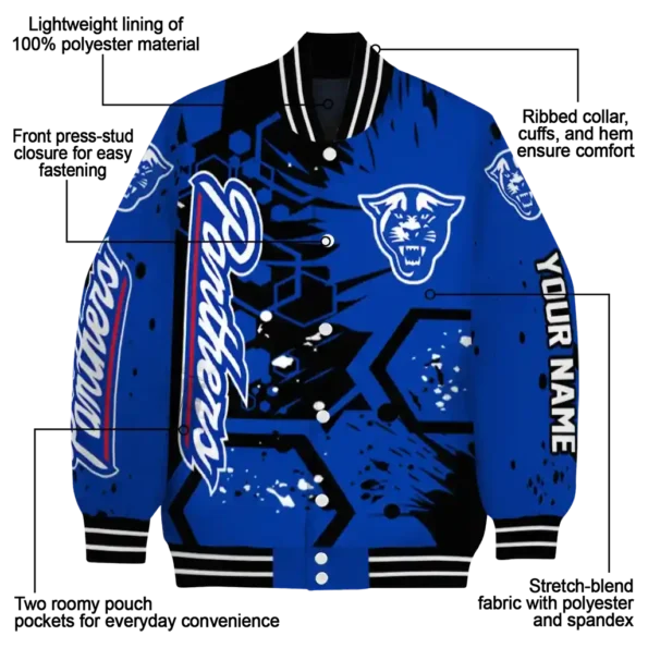 custom georgia state panthers hexagon cluster blue black varsity jacket new arrival.webp