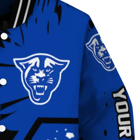 custom georgia state panthers hexagon cluster blue black varsity jacket premium grade.webp