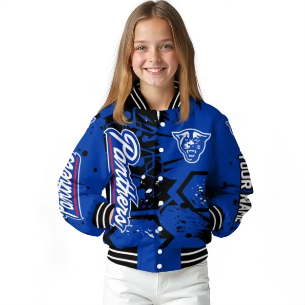 custom georgia state panthers hexagon cluster blue black varsity jacket top rated.webp