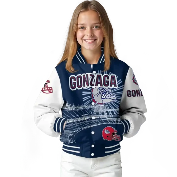 custom gonzaga bulldogs ferris arena blue white varsity jacket top rated.webp