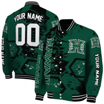 custom hawaii rainbow warriors hexagon cluster green black varsity jacket fashion forward.webp