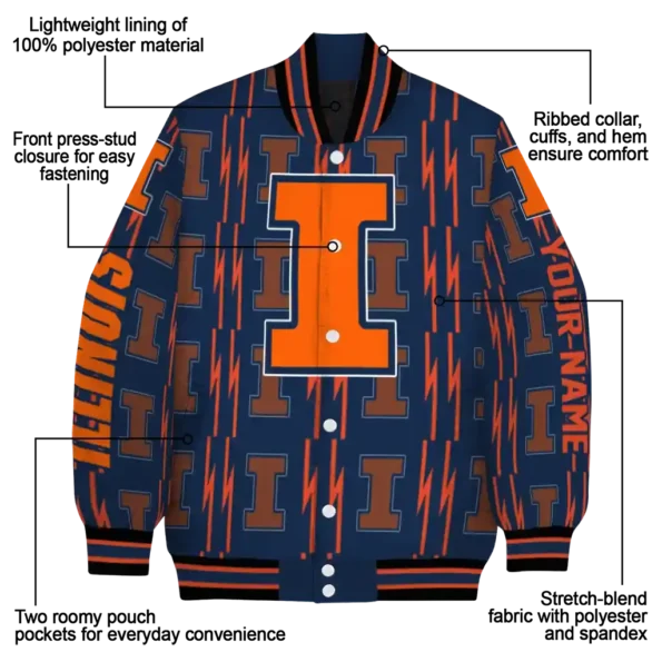 custom illinois fighting illini bolt stripe blue varsity jacket new arrival.webp