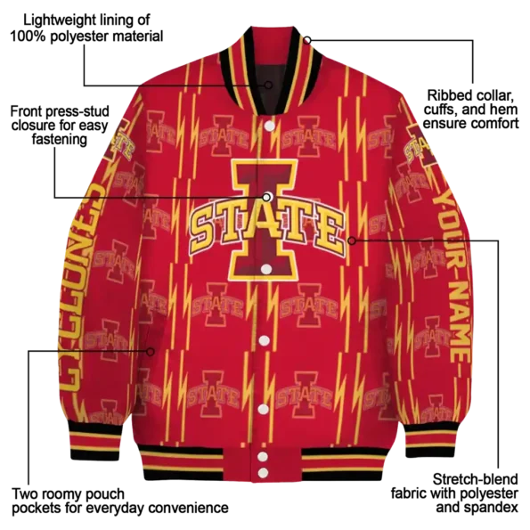 custom iowa state cyclones bolt stripe red varsity jacket new arrival.webp