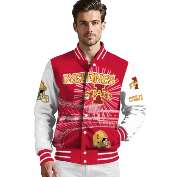 custom iowa state cyclones ferris arena red white varsity jacket high quality.webp
