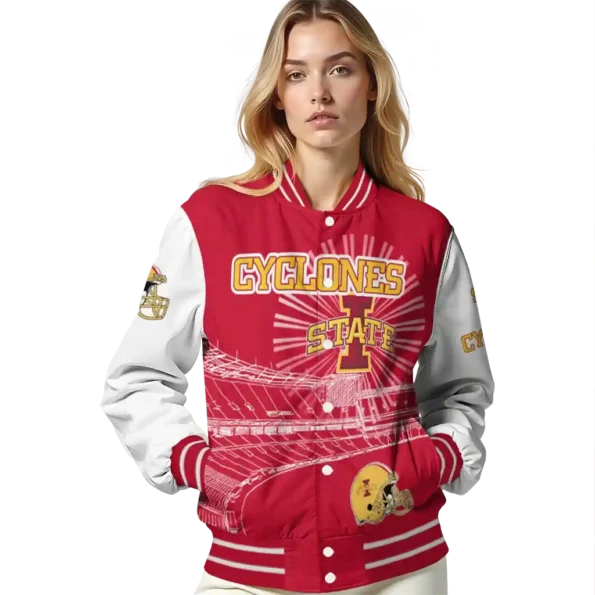 custom iowa state cyclones ferris arena red white varsity jacket latest model.webp