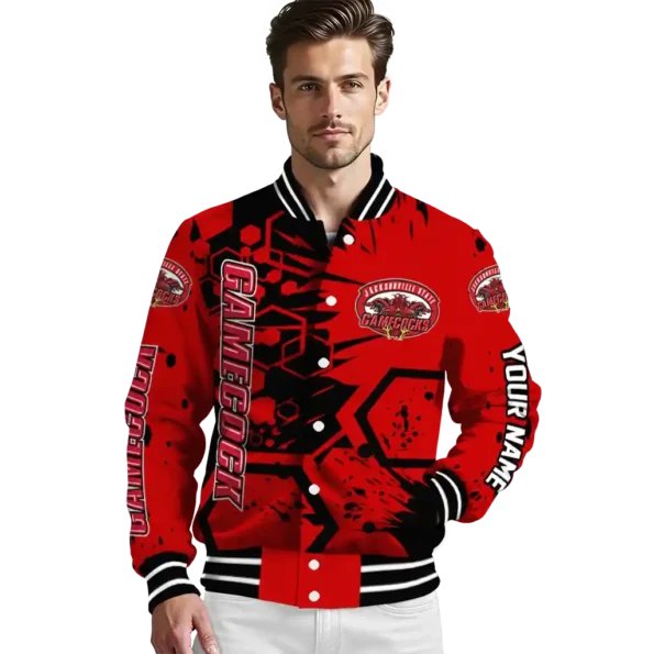 custom jacksonville state gamecocks hexagon cluster red black varsity jacket high quality.webp