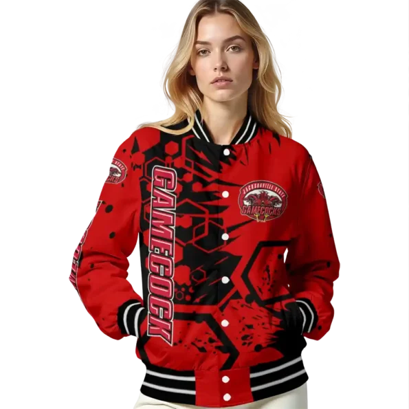 custom jacksonville state gamecocks hexagon cluster red black varsity jacket latest model.webp