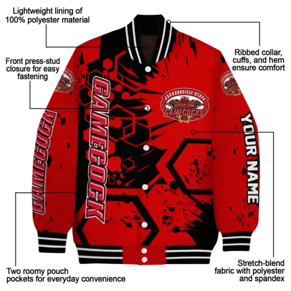 custom jacksonville state gamecocks hexagon cluster red black varsity jacket new arrival.webp