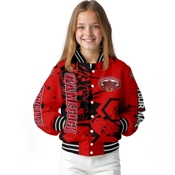 custom jacksonville state gamecocks hexagon cluster red black varsity jacket top rated.webp