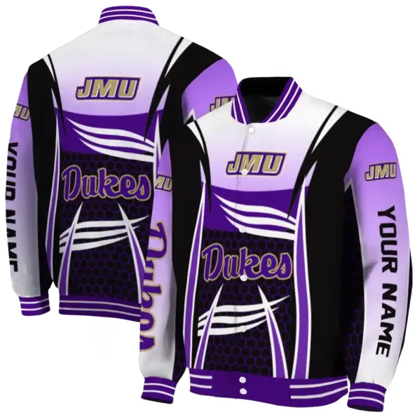 custom james madison dukes mesh effect purple black varsity jacket fashion forward.webp