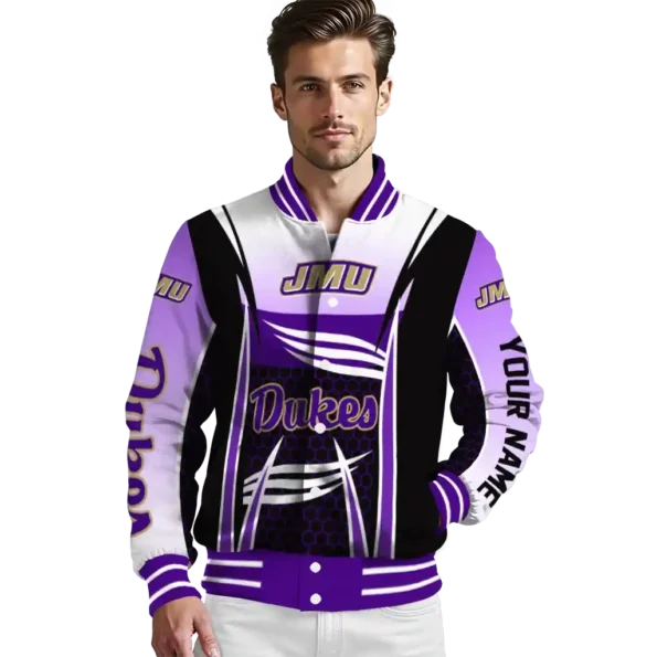 custom james madison dukes mesh effect purple black varsity jacket high quality.webp