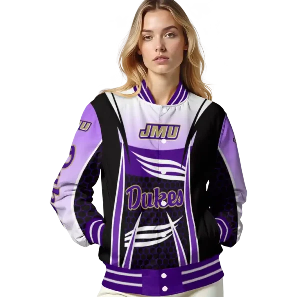 custom james madison dukes mesh effect purple black varsity jacket latest model.webp