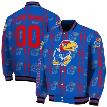 custom kansas jayhawks bolt stripe blue varsity jacket fashion forward.webp