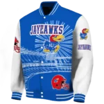 custom kansas jayhawks ferris arena blue white varsity jacket best selling.webp
