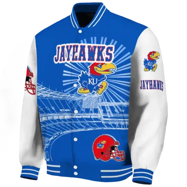 custom kansas jayhawks ferris arena blue white varsity jacket best selling.webp