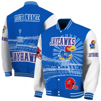 custom kansas jayhawks ferris arena blue white varsity jacket fashion forward.webp
