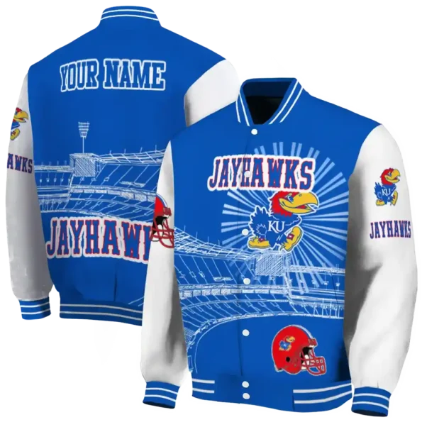 custom kansas jayhawks ferris arena blue white varsity jacket fashion forward.webp