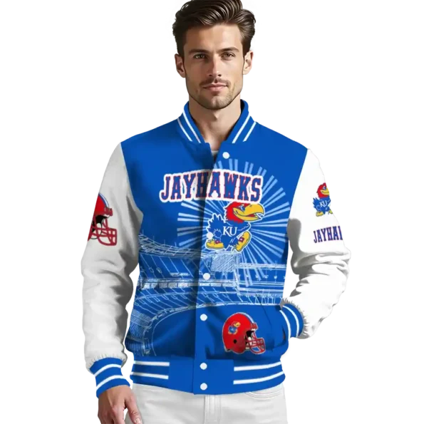 custom kansas jayhawks ferris arena blue white varsity jacket high quality.webp