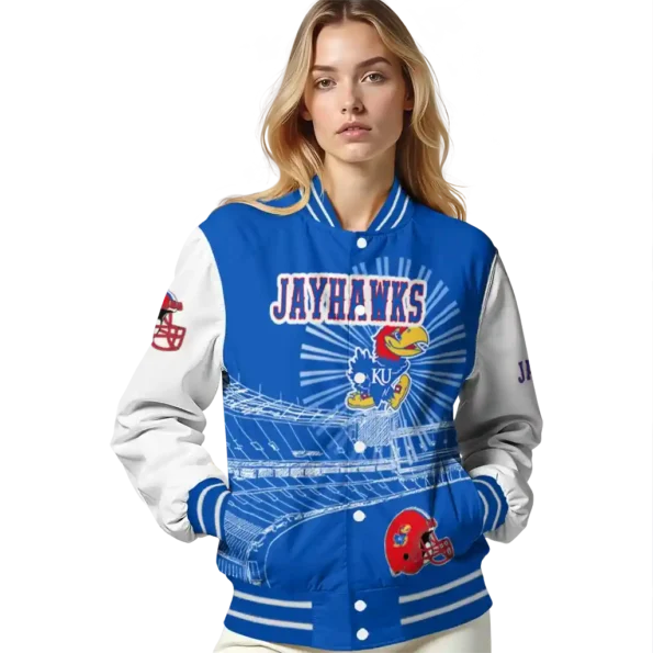 custom kansas jayhawks ferris arena blue white varsity jacket latest model.webp