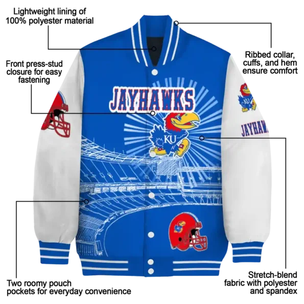 custom kansas jayhawks ferris arena blue white varsity jacket new arrival.webp