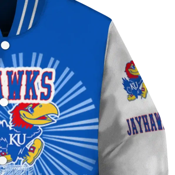 custom kansas jayhawks ferris arena blue white varsity jacket premium grade.webp