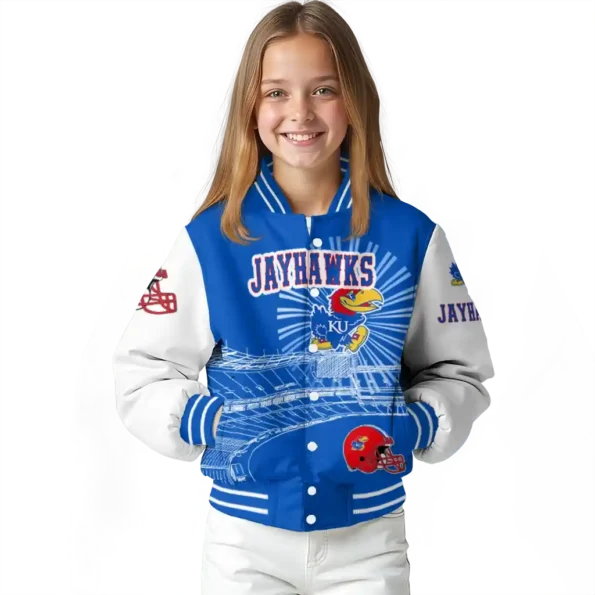 custom kansas jayhawks ferris arena blue white varsity jacket top rated.webp