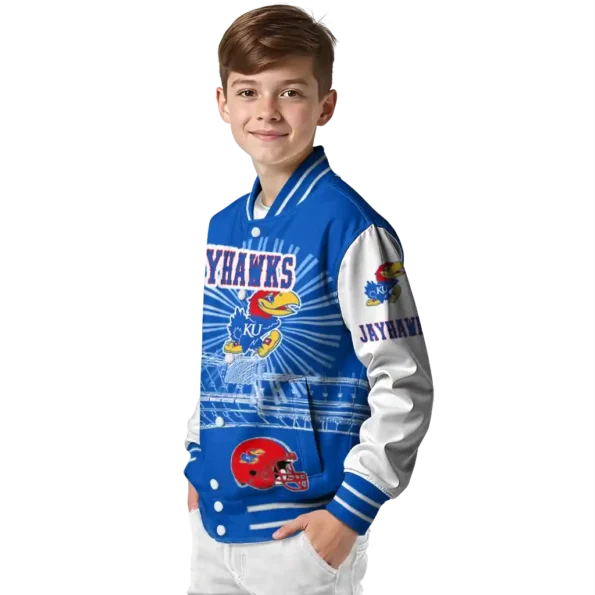custom kansas jayhawks ferris arena blue white varsity jacket trendy.webp