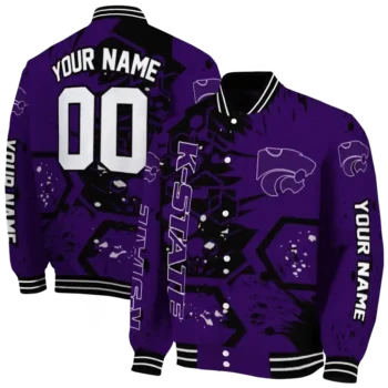 custom kansas state wildcats hexagon cluster purple black varsity jacket fashion forward.webp