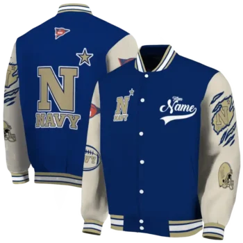 custom navy midshipmen wildcat pawprint blue nude varsity jacket fashion forward.webp