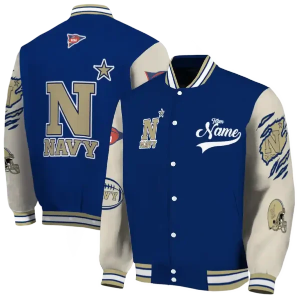 custom navy midshipmen wildcat pawprint blue nude varsity jacket fashion forward.webp