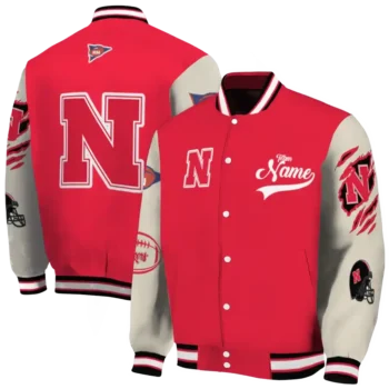 custom nebraska cornhuskers wildcat pawprint red nude varsity jacket fashion forward.webp