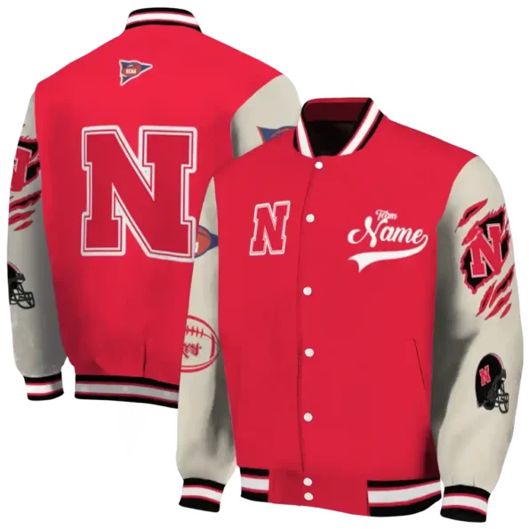 custom nebraska cornhuskers wildcat pawprint red nude varsity jacket fashion forward.webp