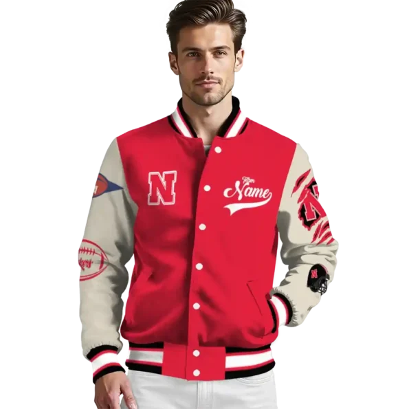 custom nebraska cornhuskers wildcat pawprint red nude varsity jacket high quality.webp