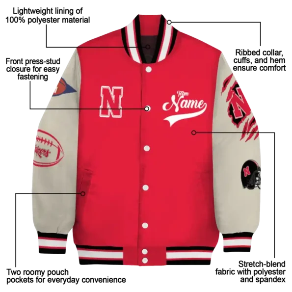 custom nebraska cornhuskers wildcat pawprint red nude varsity jacket new arrival.webp