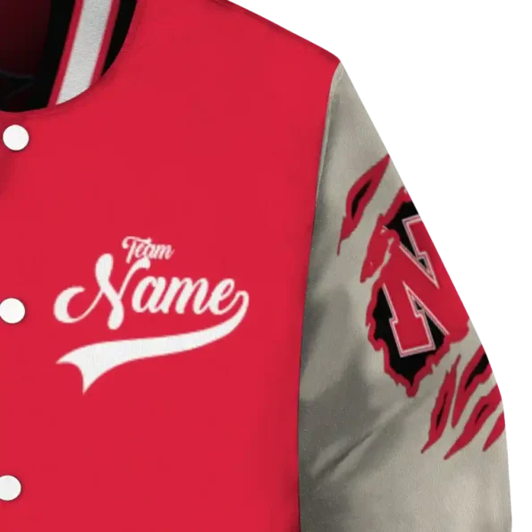 custom nebraska cornhuskers wildcat pawprint red nude varsity jacket premium grade.webp