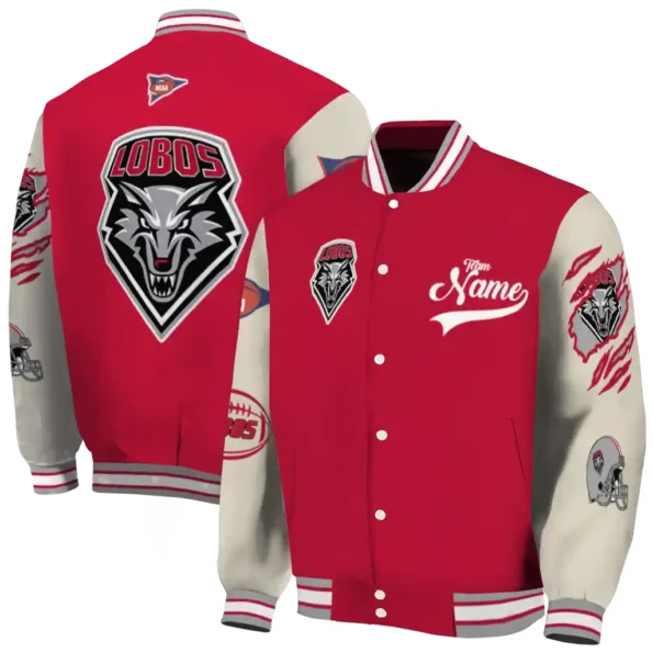 custom new mexico lobos wildcat pawprint red nude varsity jacket fashion forward.webp