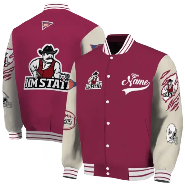 custom new mexico state aggies wildcat pawprint crimson nude varsity jacket fashion forward.webp