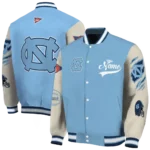 custom north carolina tar heels wildcat pawprint light blue nude varsity jacket best selling.webp