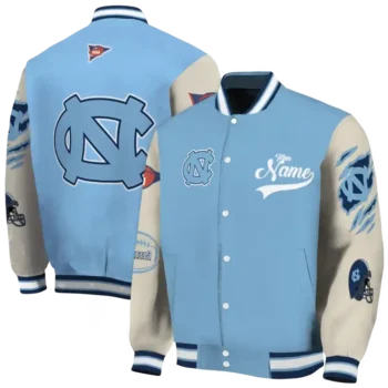 custom north carolina tar heels wildcat pawprint light blue nude varsity jacket fashion forward.webp
