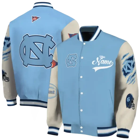 custom north carolina tar heels wildcat pawprint light blue nude varsity jacket fashion forward.webp