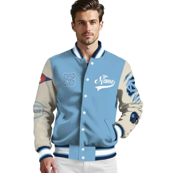 custom north carolina tar heels wildcat pawprint light blue nude varsity jacket high quality.webp