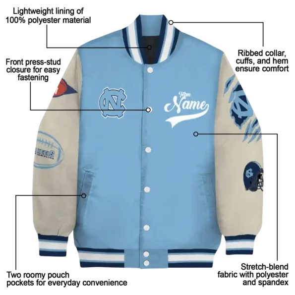 custom north carolina tar heels wildcat pawprint light blue nude varsity jacket new arrival.webp