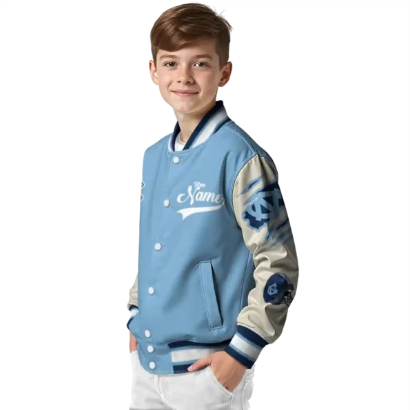 custom north carolina tar heels wildcat pawprint light blue nude varsity jacket trendy.webp