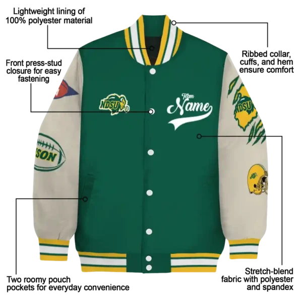 custom north dakota state bison wildcat pawprint green nude varsity jacket new arrival.webp