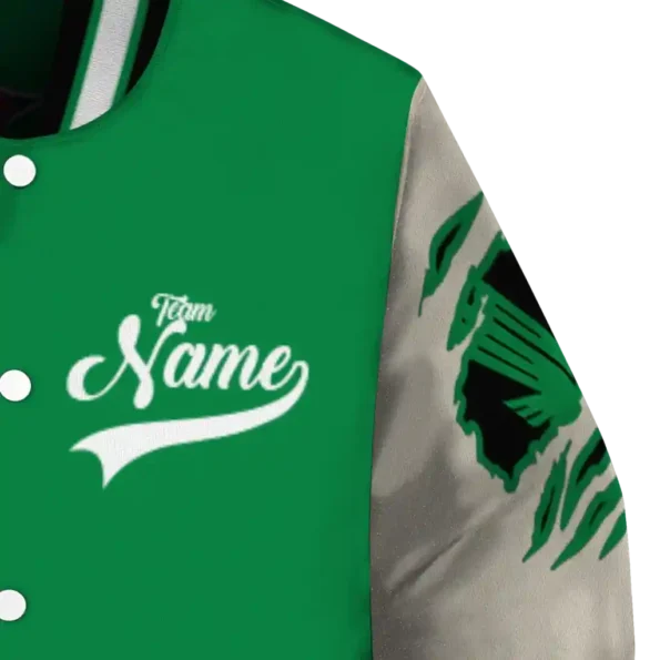 custom north texas mean green wildcat pawprint green nude varsity jacket premium grade.webp