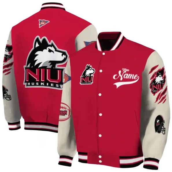 custom northern illinois huskies wildcat pawprint red nude varsity jacket fashion forward.webp