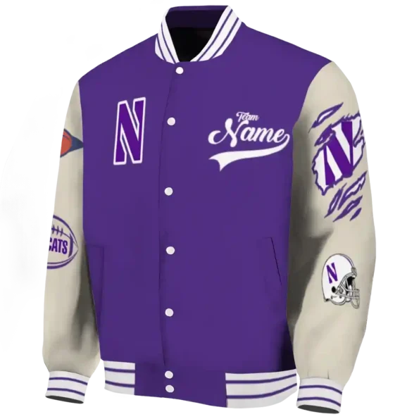 custom northwestern wildcats wildcat pawprint purple nude varsity jacket best selling.webp