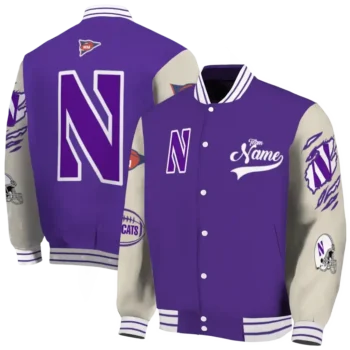 custom northwestern wildcats wildcat pawprint purple nude varsity jacket fashion forward.webp